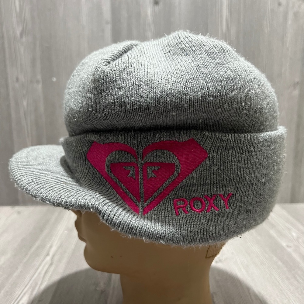 Y2K Roxy Womens Gray Knit Visor Beanie Hat Pink Heart Logo 100% Acrylic